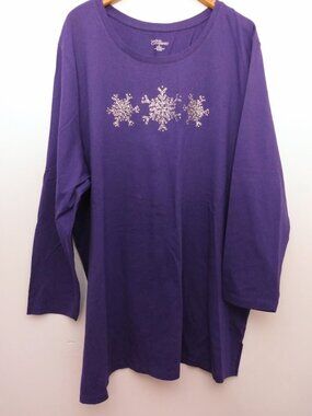 Women's 2X Chistmas Holiday Top Purple Silver Glitter Snowflake Beaded Cotton